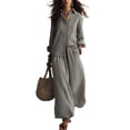 thumbnail image 2 of BRELIL Women Plus Size Two Piece Outfits Sets Long Sleeve Collared Button Shirt Wide Leg Pants Casual Lounge Set Solid Boho Vacation Travel Matching Tracksuit, Gray 2XL, 2 of 6