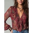 thumbnail image 4 of Women Vintage French‑Style Chiffon Printed Blouse, Deep‑V Neck Ruffle‑Sleeve Summer Vacation Tops, 4 of 9