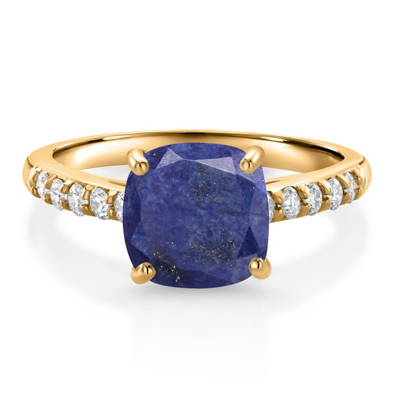 Gem Stone King 2.20 Ct Cushion Blue Lapis G/H Lab Grown Diamond 10K Yellow Gold Engagement Ring (Size 5)