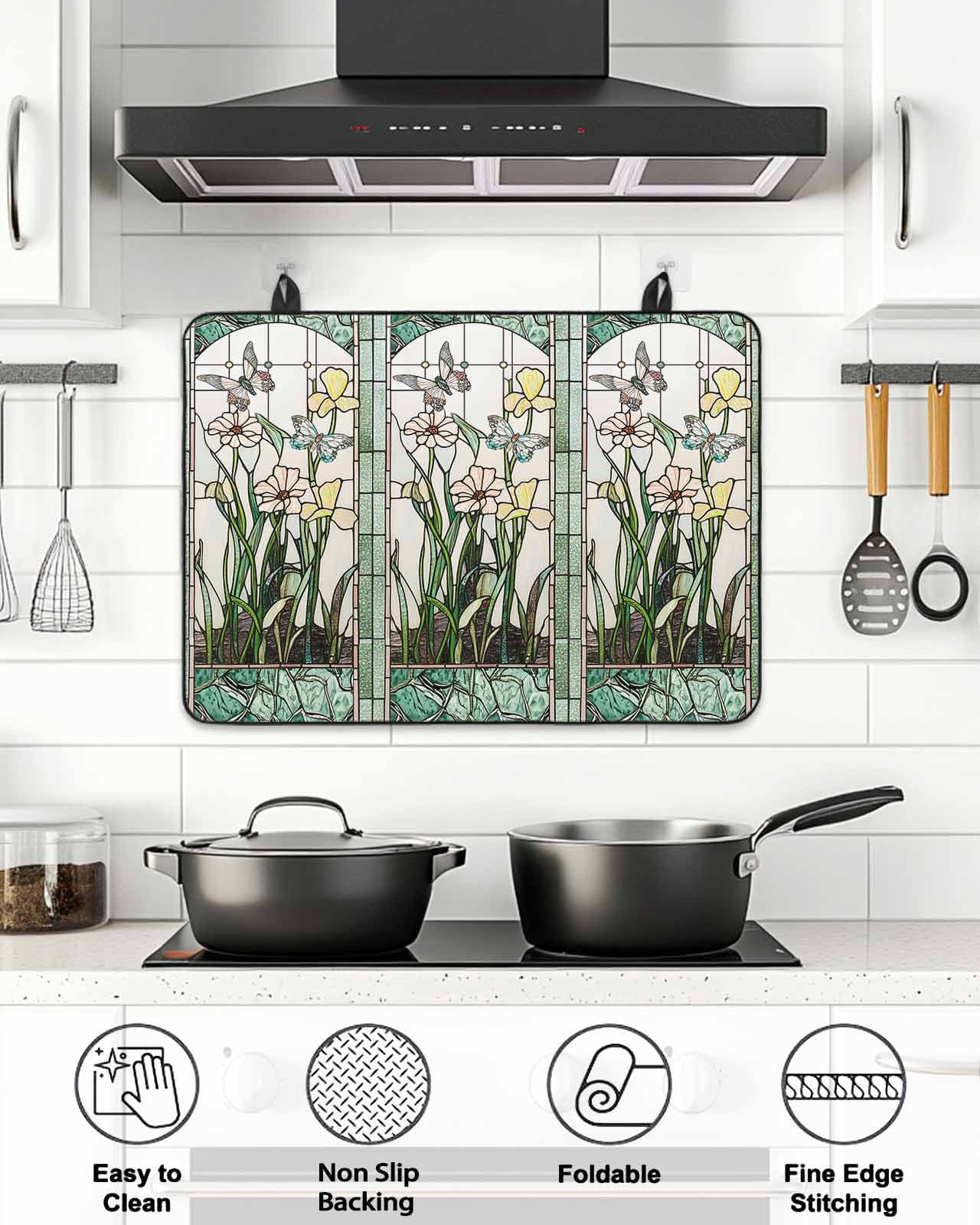 Stove Top Covers for Electric Stove, Green Spring Botanical Glass Stovetop Cover Protector, Summer Butterfly Vintage Induction Cooktop Protector Oven Mat for Kitchen Countertop 24"x21"