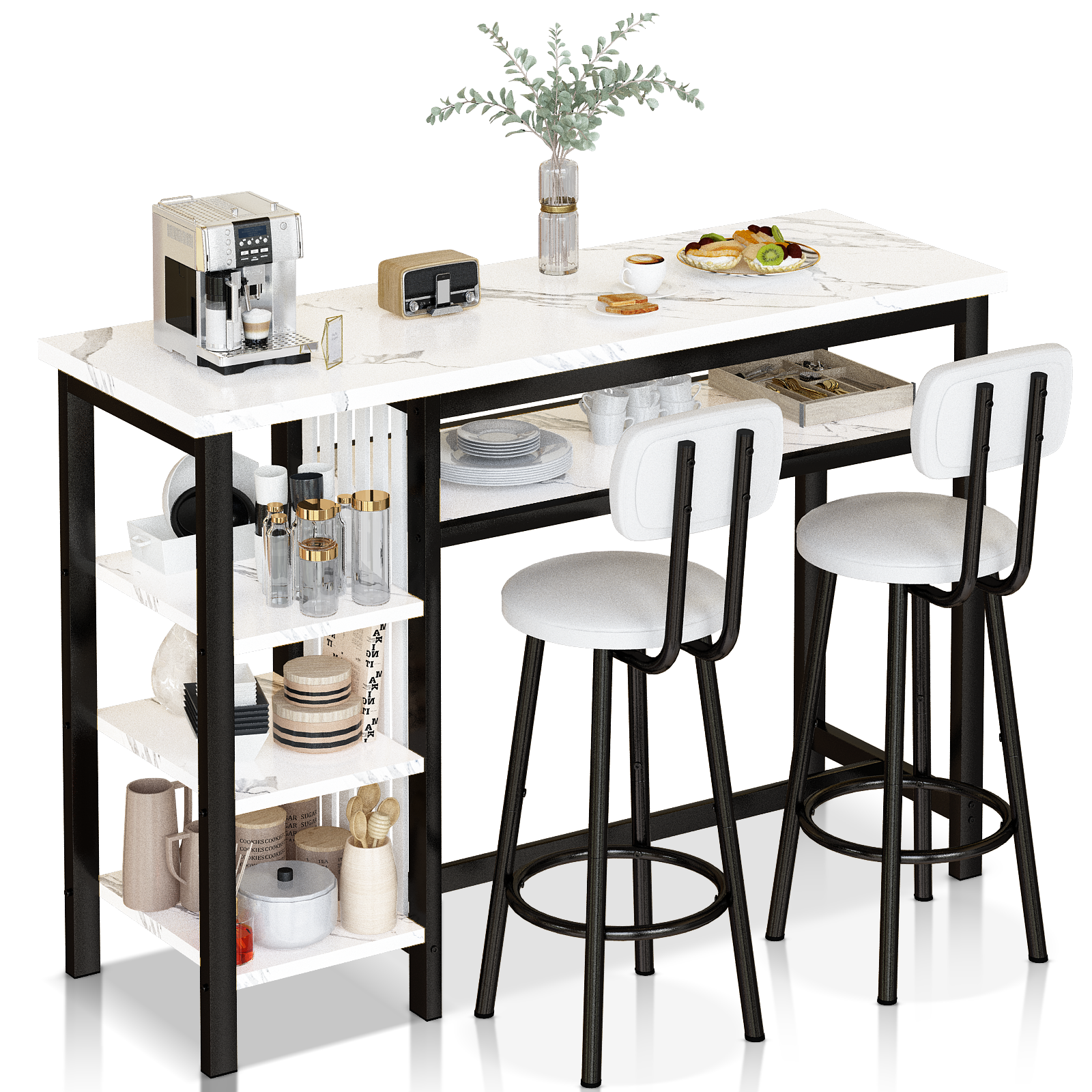 BAXLUXE Bar Table and Chairs Set for 2,Small Dining Table with Storage,Faux Marble High Kitchen Bar Table Breakfast Nook Set Eating Table, White