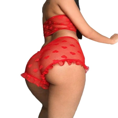

Fanvereka Women Sexy 2PCS Lingerie Set Lace Heart Pattern Crop Slim See Through Mesh Top High Waist Ruffle Short Pants Sleepwear Set