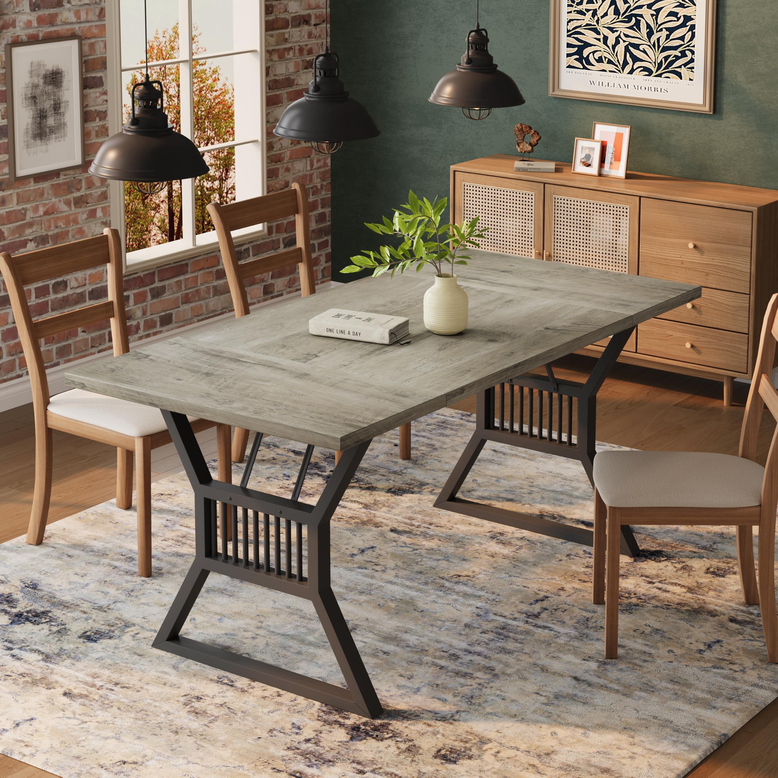 Dining Table 4-6 Person 70.8 Inch, Farmhouse Kitchen Table with Heavy Duty Metal Legs, Wooden Long Dining Room for Kitchen, Living Room
