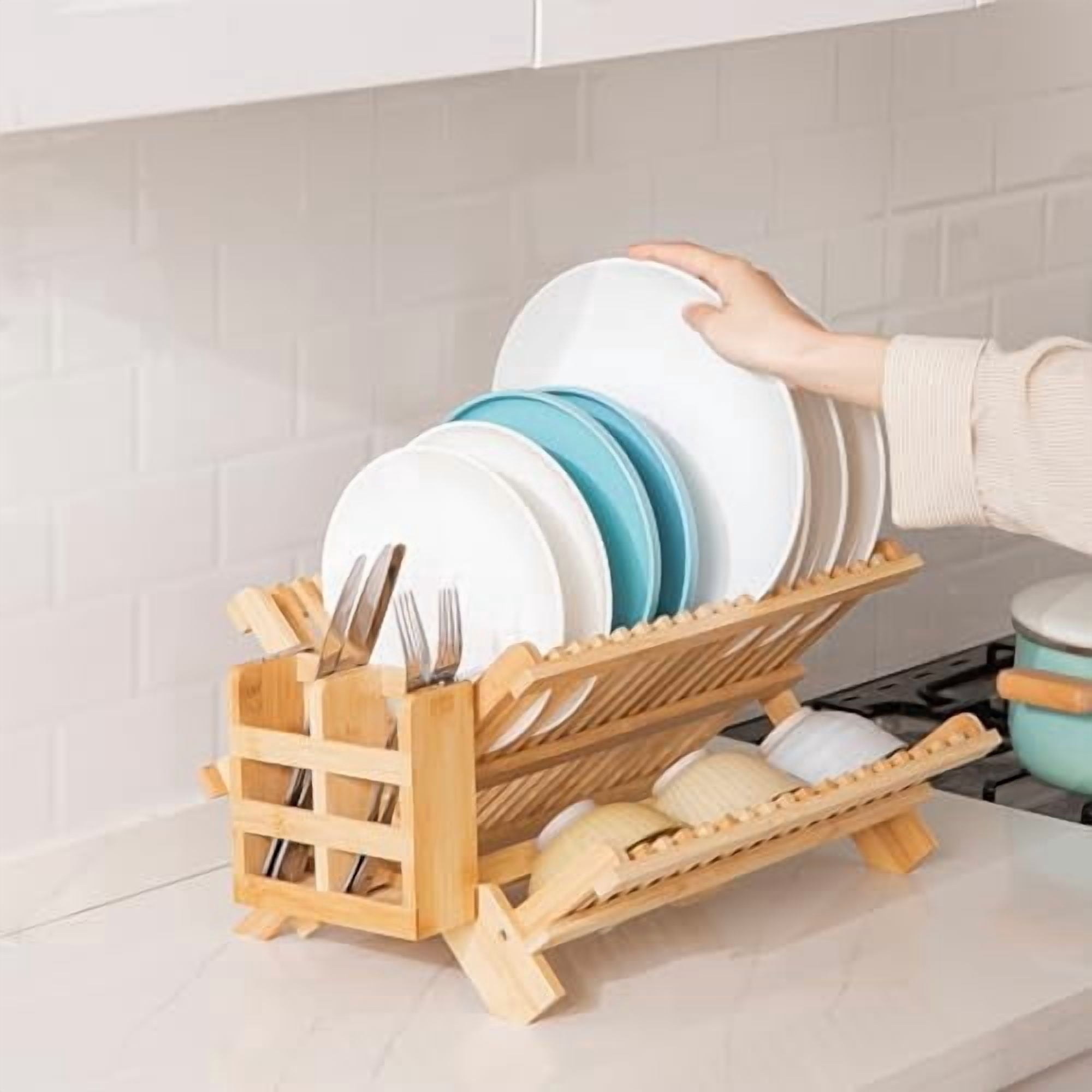 Bamboo Dish Drying Rack with Utensils Flatware Holder Set, 3-Tier Large Folding Drying Holder for Kitchen Counter, Collapsible Drainer