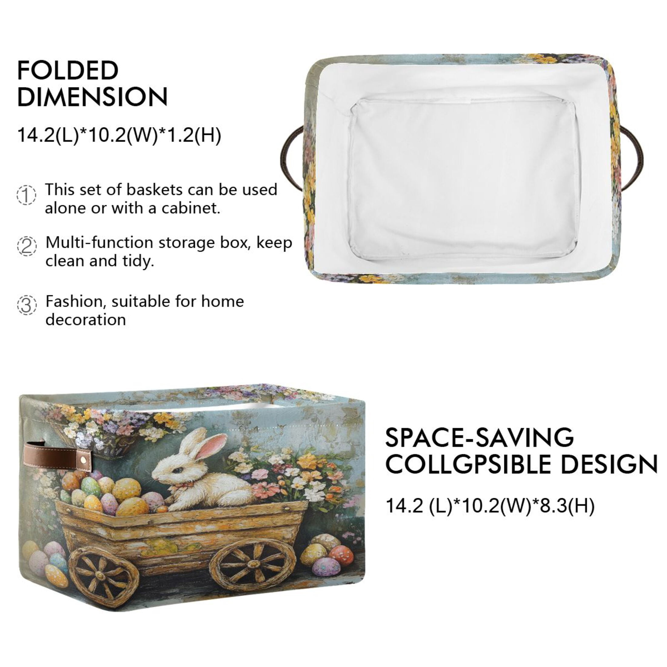 Square Storage Basket 14.2*10.2*8.3 Inch One Sizex2 Shelf Basket Open Home Storage Bins Bedroom Storage Basket Closet Storage Stylish Decor Easter Painting Bunny