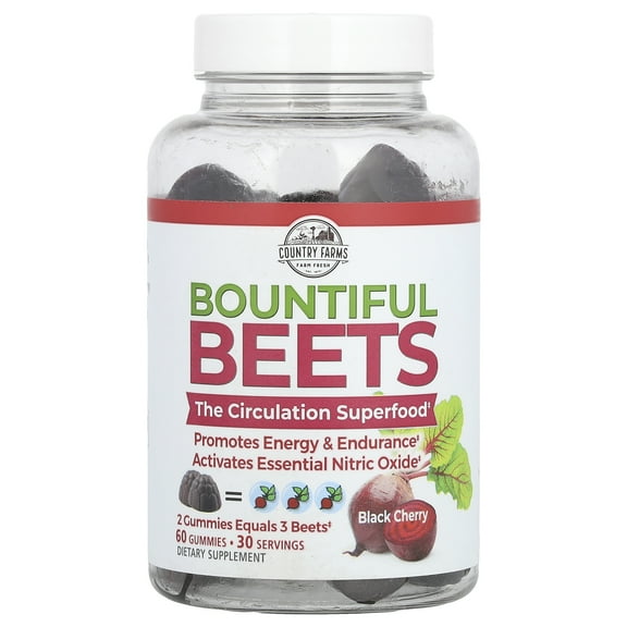 Country Farms Bountiful Beets Gummies, Circulation Superfood, Nitric Oxide, Heart Health, Black Cherry Flavor, 60 Gummies