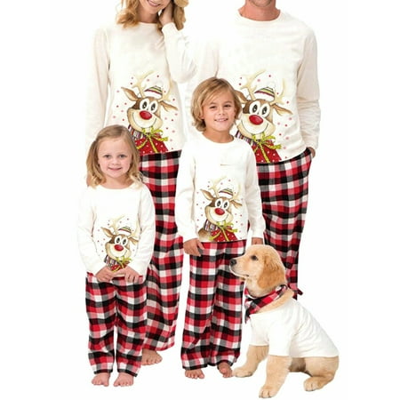 

PDYLZWZY Christmas Family Matching Pajamas Set Elk Print O-Neck Long Sleeve Tops+ Plaid Long Pants for Kids-2-3 Years