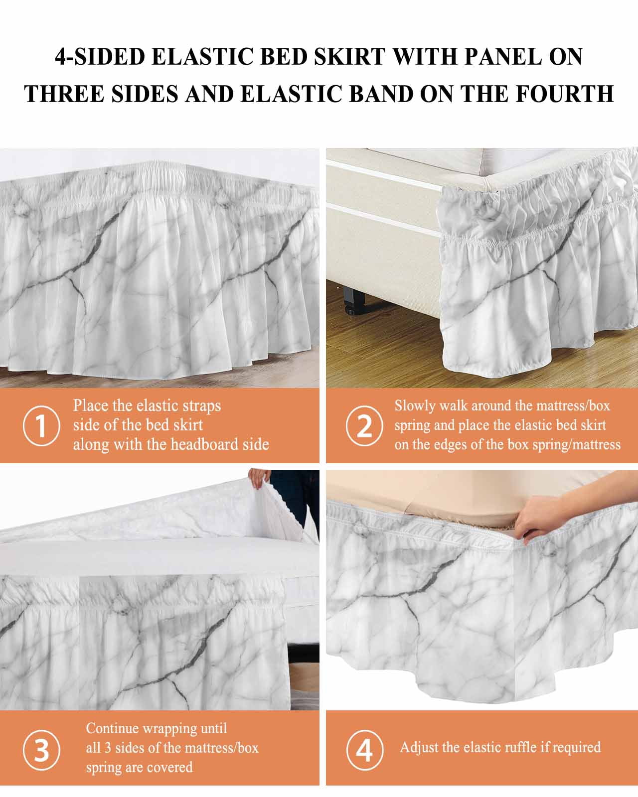 White Marble Wrap Around Bed Skirts for Queen Bed 16" Drop,Bed Skirt with Adjustable Elastic Belt Dust Ruffle Bed Valance for Bedroom Hotel Modern Geometric Abstract Minimalist Crack Bed Frame Cover