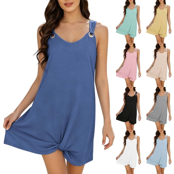 Summer Outfits for Women 2026 Women's Summer Sleeveless V Neck Beach Dress Casual Loose Knotted Hem Tank Dress With Metal Ring Straps Black L