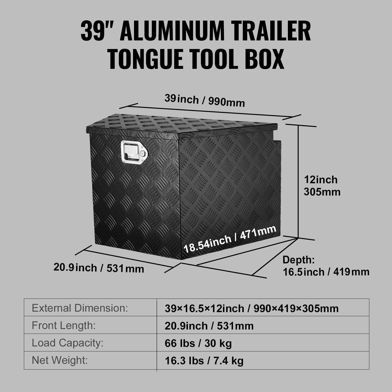 KFFKFF Aluminum Alloy Diamond Plate Trailer Tongue Tool Box, Durable Storage Chest with Lock and Keys, Utility Box for Pickup Trucks, RVs, and Trailers, 39"x16.5"x12"