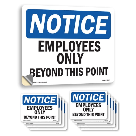 Employees Only Beyond This Point OSHA Notice Vinyl Decal Label 14 Inch x 10 Inch - 10 Pack