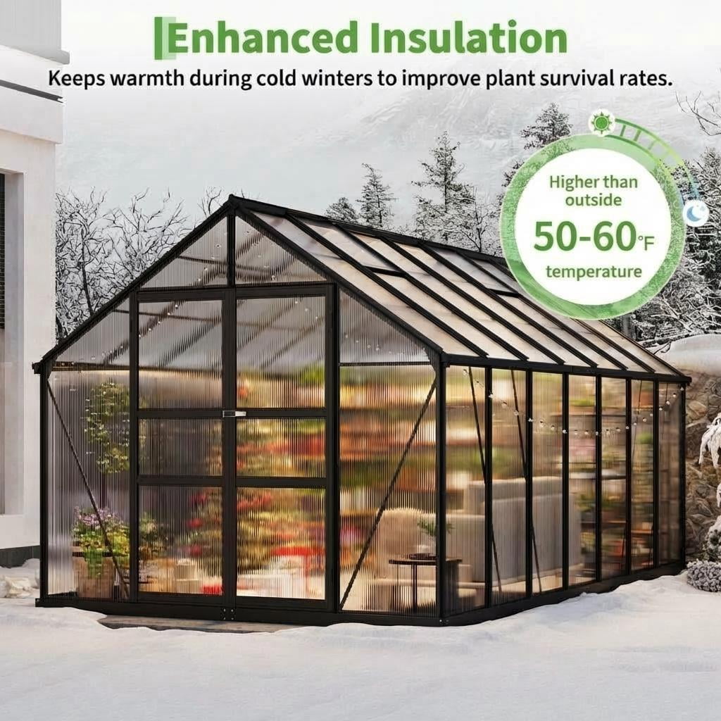14x8ft Heavy Duty Walk-in Greenhouse, Aluminum Frame & Twin Wall Polycarbonate Panels, Ventilated with Rain Gutter System for Backyard & Patio Gardening