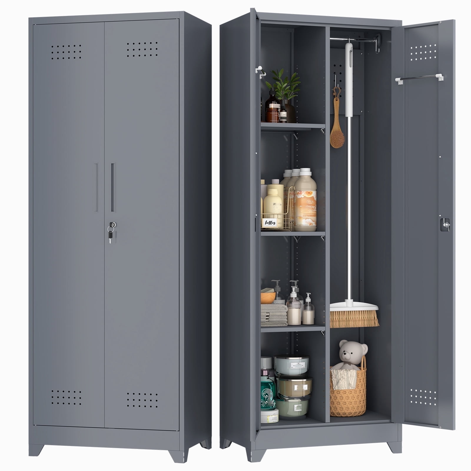 Marcree Broom Closet Storage Cabinet,Cleaning Supply Storage Cabinet,Metal Cleaning Closet Cabinet with Adjustable Shelves for Laundry Room Basement