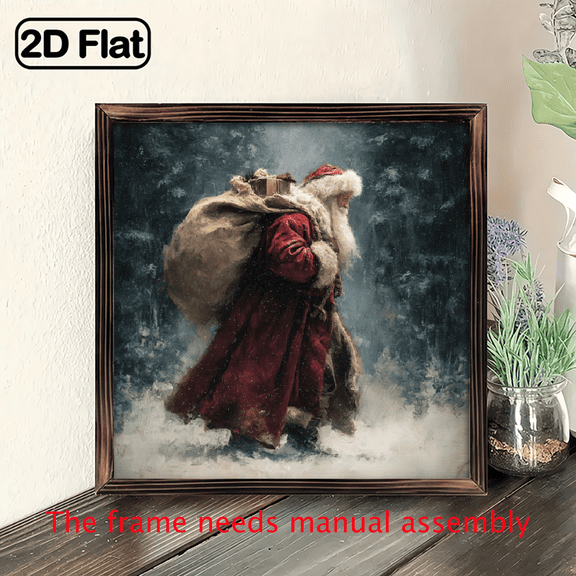 2D Flat - 1pc Vintage Santa Claus Reindeer Christmas Wall Art - 8x8 Framed Painting, Rustic Farmhouse Style Winter Scene with Snowy Forest, Perfect For Holiday Home Decor, Christmas Wall Decor