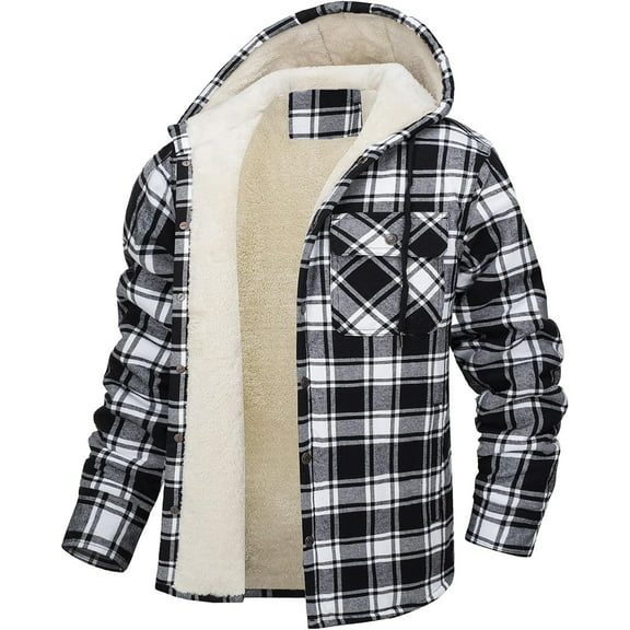 CharmCyan Men’s Hooded Sherpa Lined Plaid Flannel Shirt Jacket with Button Down Front and Chest Pocket for Outdoor Workwear Black L