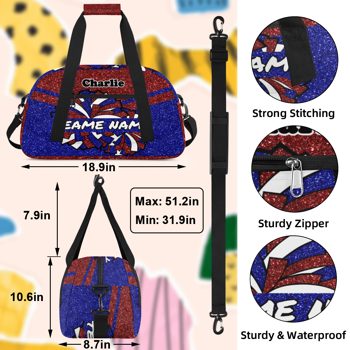 Personalized Cheerleader Bag Dance Bag for Girls, Custom Team Bag Gym Bag Sport Duffel Bag, Weekender Bags Travel Bag for Cheer Team Glitter Red Blue