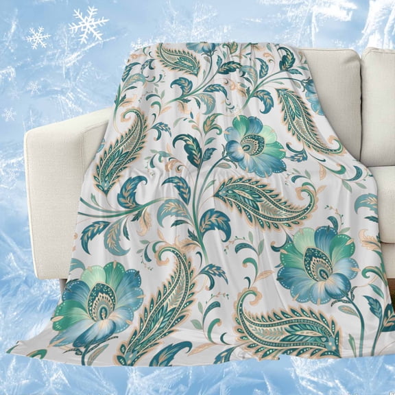 Teal Paisley Floral Cooling Blanket, Lightweight Breathable Summer Throw Blanket with Double Sided Cold Effect,Boho Ethnic Tribe Traditional Picnic Beach Blankets Bed Sheet for Hot Sleepers 50"x60"