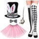 thumbnail image 1 of 5 Piece White Rabbit Costume Set Rabbit Ear Top Hat Thigh Socks Rabbit Clock Necklace Bow Tie Rabbit Nose, 1 of 5