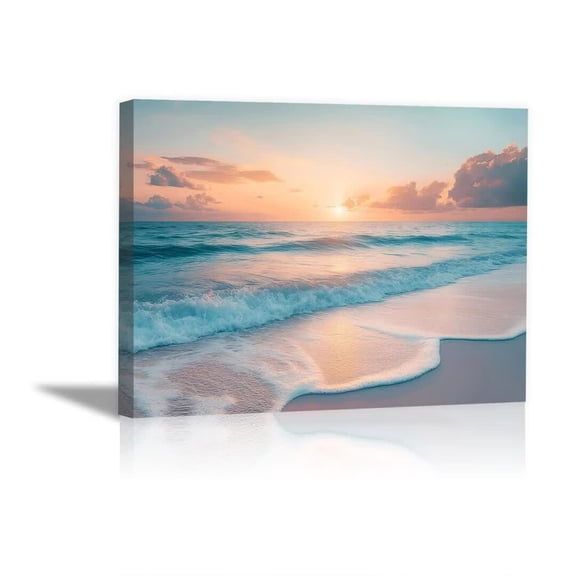 Pastel Sunset Wave Ocean Framed Canvas Wall Art, Soft Minimal Decor for Hallway Kitchen Bathroom Ready to Hang12"L x 8"W