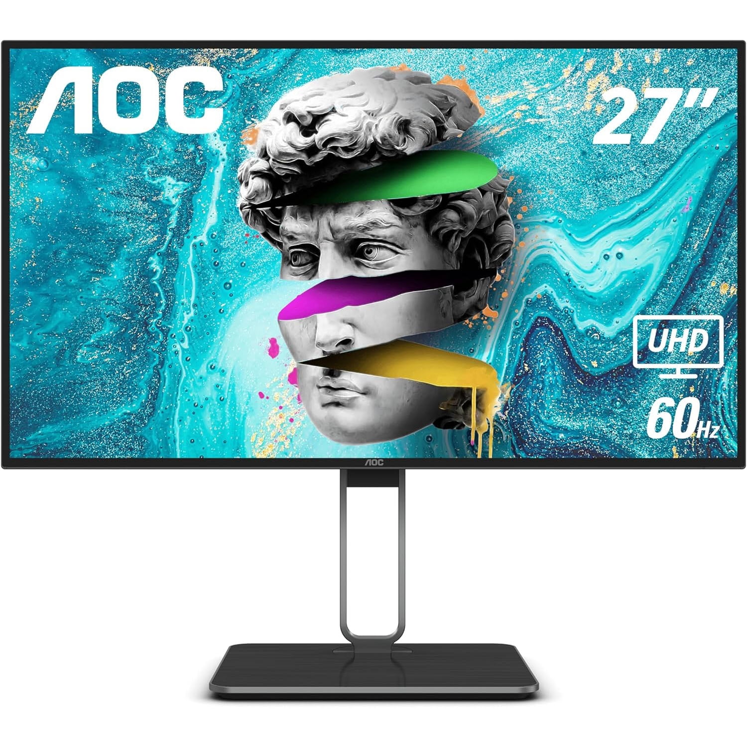 Restored AOC U27U2DP 27" 4K Frameless Monitor, UHD 3840 x 2160, KVM, RJ45, USB-C Docking, Height Adjustable Stand