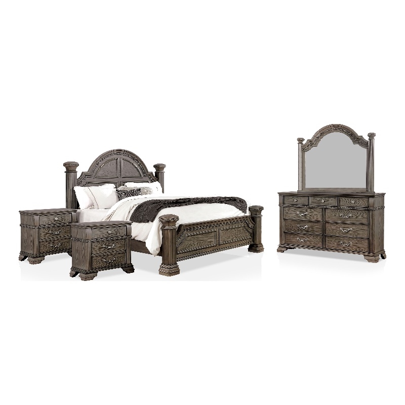 FOA Charo 5pc Gray Wood Bedroom SetKing + 2 Nightstands + Dresser