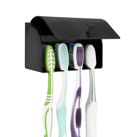 Linkidea Wall Mount Toothbrush Holder for Shower, Stainless Steel Adhesive Hanger, 4 Slots Organizer Compatible with Colgate Extra Clean, Oral-B CrossAction (Black)