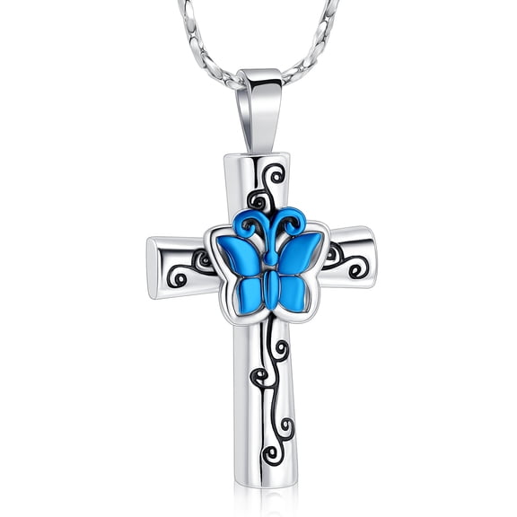 Butterfly Cross Urn Pendant Memory Necklace for Cremation Ashes Keepsake Memorial Jewelry