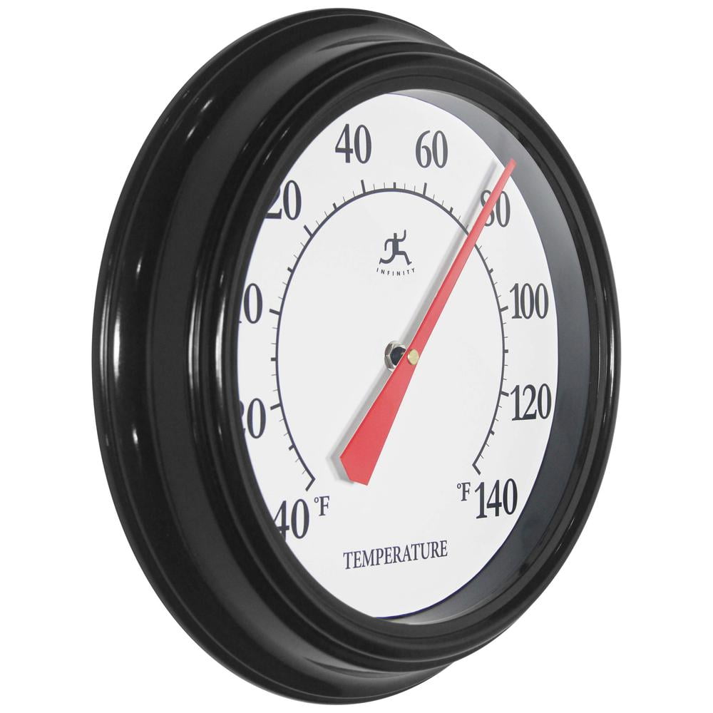 Infinity Instruments 12 inch Traditional Classic Basic No Battery Required Built-in Hygrometer Indoor/Outdoor Thermometer for Patio, Porch, Living Room Essential Durable Wall Thermometer, Black