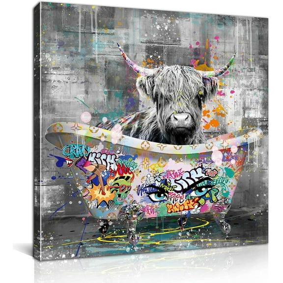 WFSposter Highland Cow Bathroom Wall Art Funny Graffiti Canvas Wall Art Black and White Wall Art Ready to Hang Size 14”W x 14”H