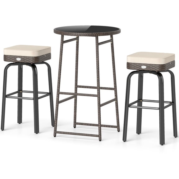 Biotree 3-Piece Outdoor Swivel Bar Set with Round Rattan Table and 2 Swivel Chairs, White - Outdoor Patio Bar Height Furniture Set for Deck Garden