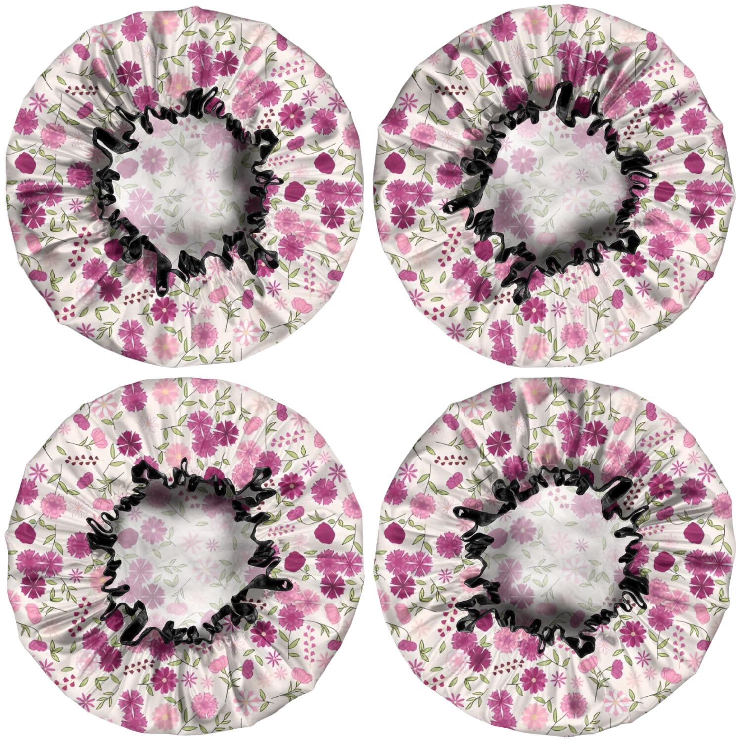 Shower Caps,Pink Pioneer Flower Pattern Waterproof Shower Cap for Women 4 Pieces,Double Reusable Hair Cover for Shower PEVA Elastic Stretch Hem