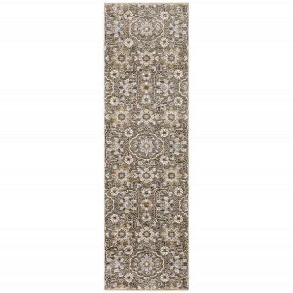 HomeRoots 2' X 8' Grey And Tan Floral Power Loom Stain Resistant Runner Rug With Fringe