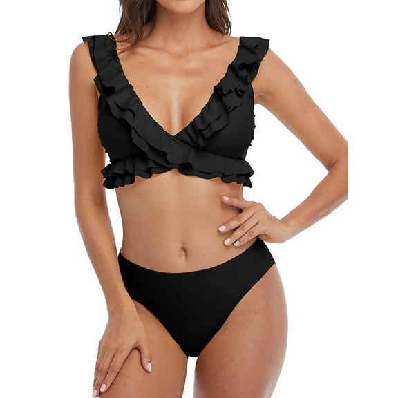 Ruffle Bikini for Women Flounce Strap V Neck Mid Rise Two Piece Cute Swimsuits