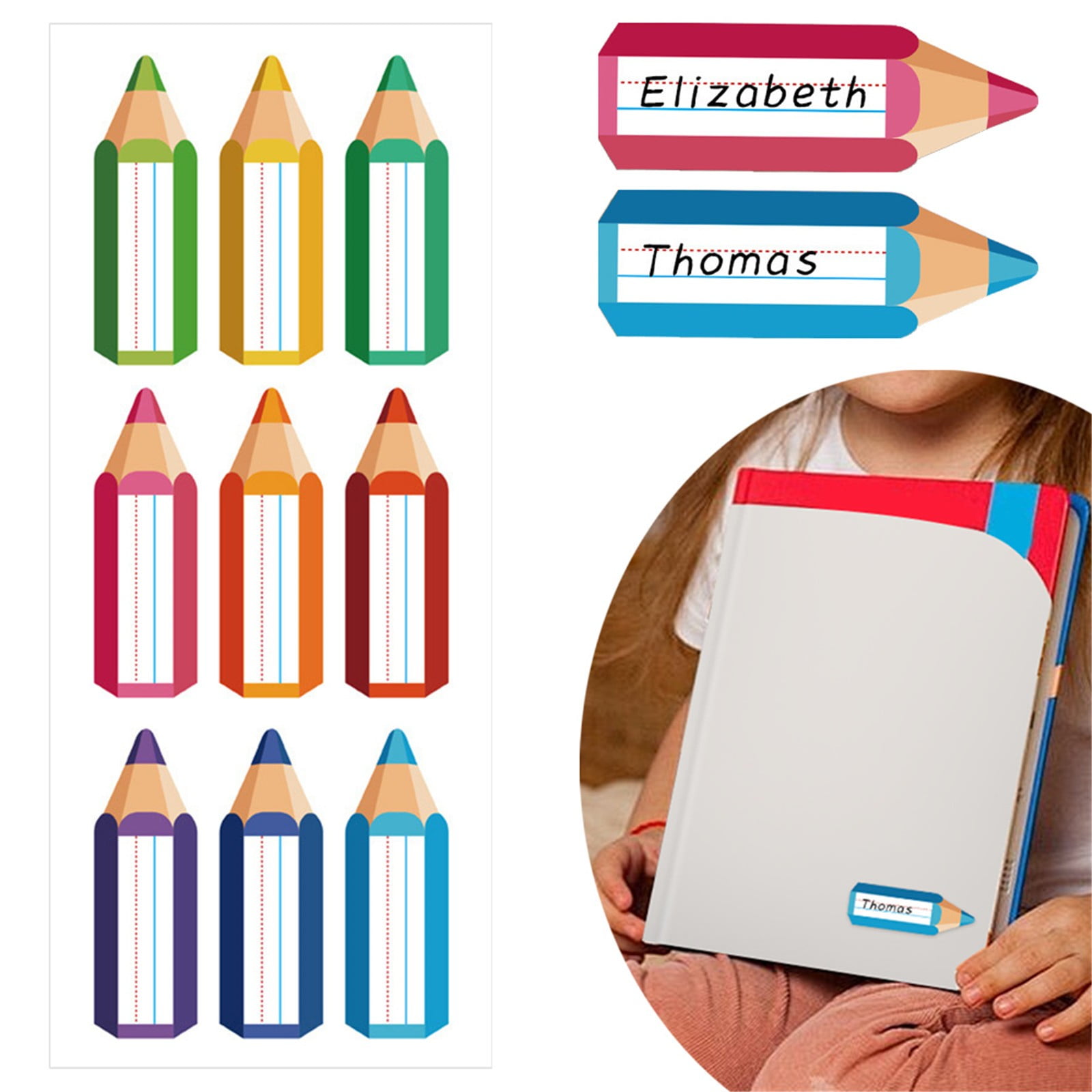CoreLiving 10 Pack Name Tags Stickers, 3.5x1.2 Inch Pencil Theme Writable Labels for Classroom Supplies Bulletin Board Desk Locker, Teacher & Student Use