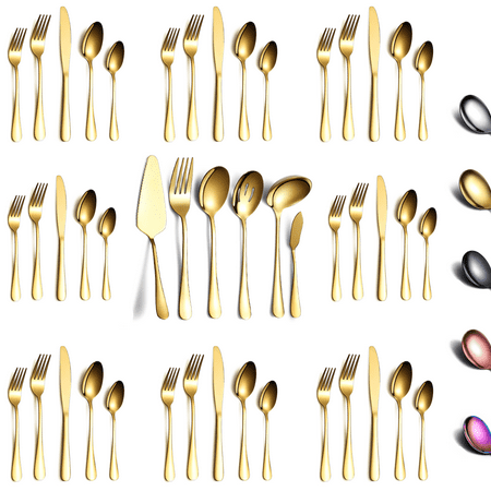 

ReaNea 46 Pieces Gold Silverware Set Stainless Steel Titanium Gold Plating Flatware Set Spoons Forks Cutlery Set Contains 6 Pieces Serving Set