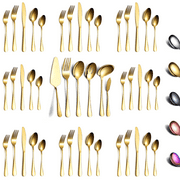 ReaNea 46 Pieces Gold Silverware Set Stainless Steel Titanium Gold Plating Flatware Set, Spoons Forks Cutlery Set Contains 6 Pieces Serving Set