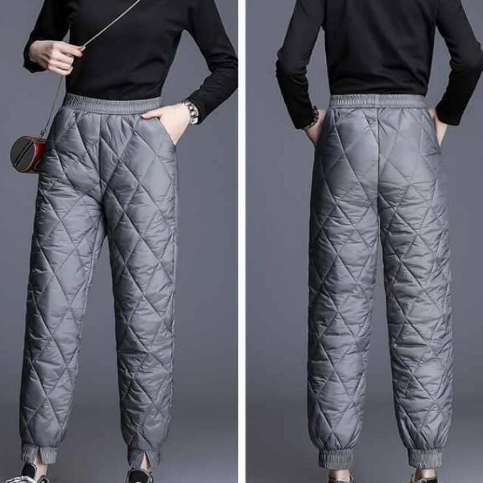 RQYYD Women's Lightweight Puffy Pants Elastic High Waist Quilted Snow Pants  Puffer Winter Trousers for Ski Camp Gray XL 