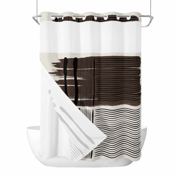 No Hook Black Striped Shower Curtain with Snap in Liner Set, Farmhouse Stripes Modern Abstract Art Waterproof Fabric Bathroom Curtains with See Through Top Window, Hotel Style Extra Long 72 x 96 Inch