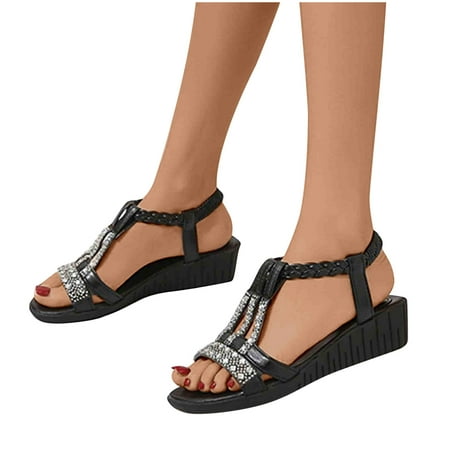 

Women Diamante Sandals Low Heel Ladies Prom Bridal Wedding Shoes Clearance Evening Party Occasion Wedge Heeled Open Toe Summer Strappy Dress Casual Bohemian Rhinestone Roman Sandals