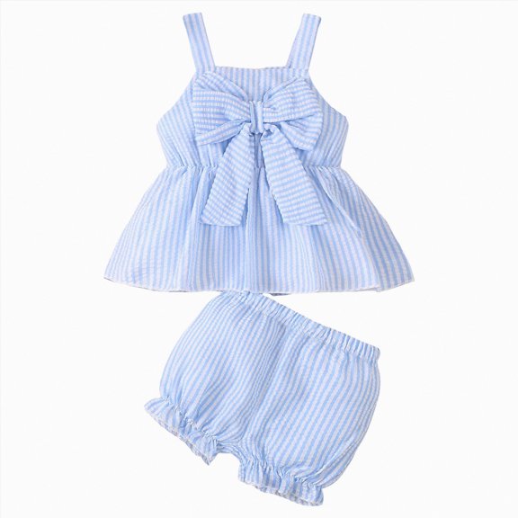 mgoYE Newborn Baby Girl Clothes Stripe Sleeveless Bowknot Tank Top Shorts Set Summer Outfits Cute Baby Clothes Girl 0-18M(Blue,12-18 Months)