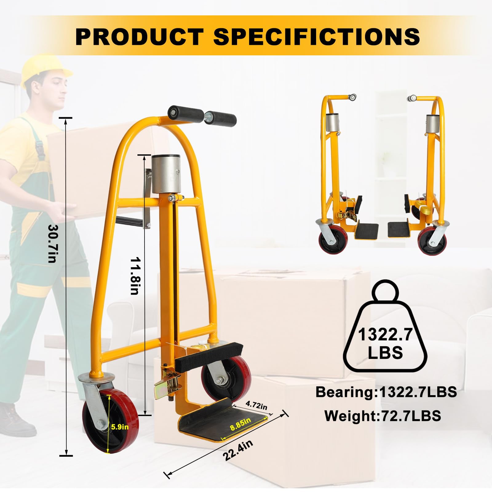 Furniture and Crate Mover, Mechanical Equipment Moving Dolly 1300lbs Capacity,Used for Safely Transporting Cabinets, Furniture, and Crates, 12 Inch Lift Height,  - Set of 2