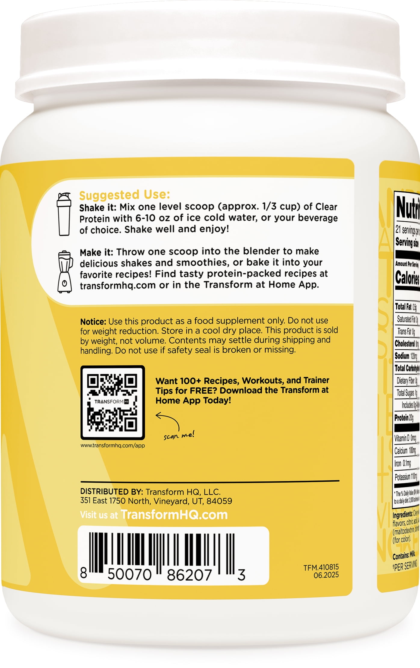 TransformHQ Clear Whey Protein Isolate (WPI) (Lemonade Flavored) 21 Servings - 20 Grams Protein Per Serving