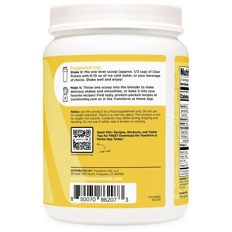 TransformHQ Clear Whey Protein Isolate, Lemonade Flavor, 20g
