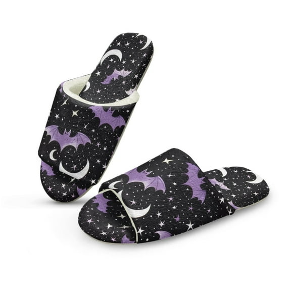 COEQINE Bat Galaxy Womens Fuzzy Slippers Halloween House Shoes Open Toe Indoor Slippers Soft Lightweight Quiet Fluffy Slides Machine Washable Footwear for Ladies Her Mom, 36-37