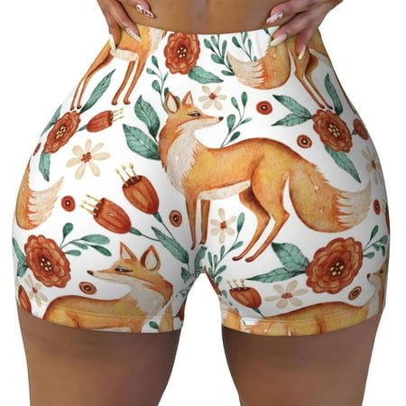 Workout Shorts Women  Foxes and Floral Harmony Biker Shorts for Women Running Gym Spandex Shorts Tummy Control