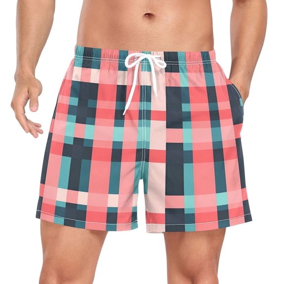 FORMRS Mens Swim Trunks Mesh Liner Quick Dry Casual Beach Board Shorts with Pockets, Sizes S-2XL, Red Teal Stripes