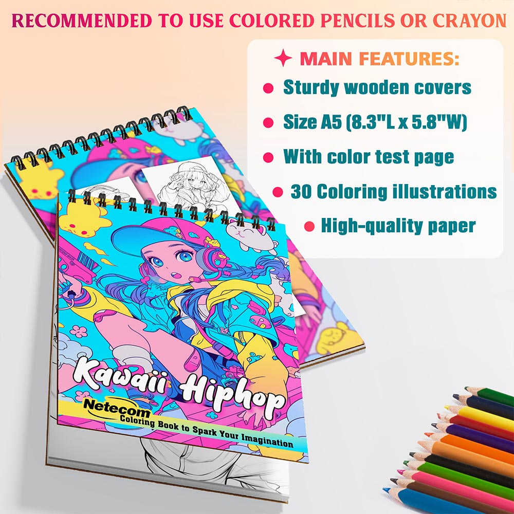 Netecom Kawaii Hiphop Coloring Book for Adults, A5 Wooden Cover, Spiral Bound Edition, 30 Stylish and Playful Coloring Pages of Trendy Hiphop Girls for Stress Relief and Relaxation