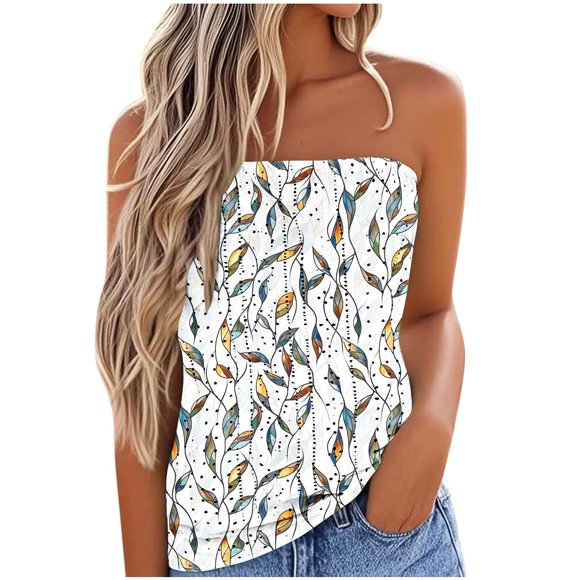 Strapless Bandeau Tank Top for Women, Sleeveless Summer Blouse with Lace-Like Perforated Pattern, Green, Regular Length, Polyester Fabric, Machine Washable