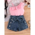 thumbnail image 3 of BemeyourBBs Toddler Baby Girls Summer Outfits Denim 2 Pieces Outfit Baby Girl Summer Clothes Sleeveless One Shoulder Ruffle Tank Vest Tops and Jeans Shorts Set with Belt, 3 of 9