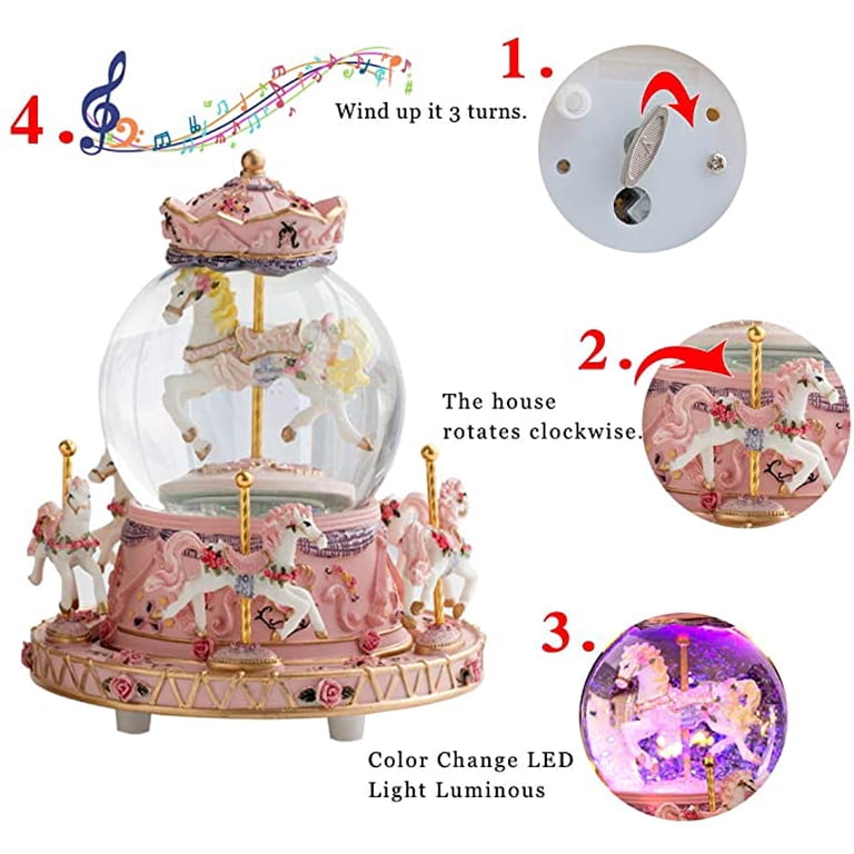 LOVE FOR YOU Music Box Pink Carousel Horses, Color Changing Lights